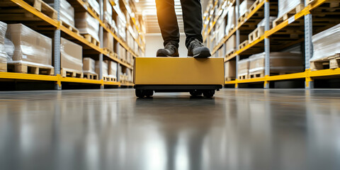 Warehouse Worker Transports Cardboard Box on Cart Efficiently