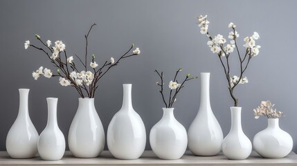 White Vases with Delicate White Flowers Arranged on a Shelf