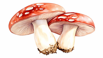 Watercolor Red Mushrooms, A Pair of Fungi Displayed with Delicate Details & Vibrant Colors, Illustrating Nature's Beauty