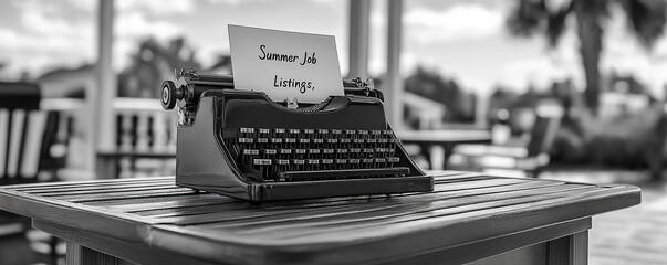 Vintage typewriter displaying summer job listings on sunny patio