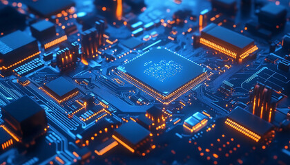 Fototapeta premium Abstract blue circuit board background with chip and diode lights for a computer technology concept with copy space