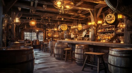 Rustic Tavern Interior with Wooden Barrels and Warm Lighting