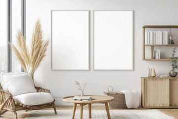 Modern living room, two blank frames, pampas grass, design mockup