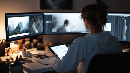 Creative professional analyzing data, focused individual at dual monitors, modern workspace with a relaxed ambiance, ideal for tech themes.