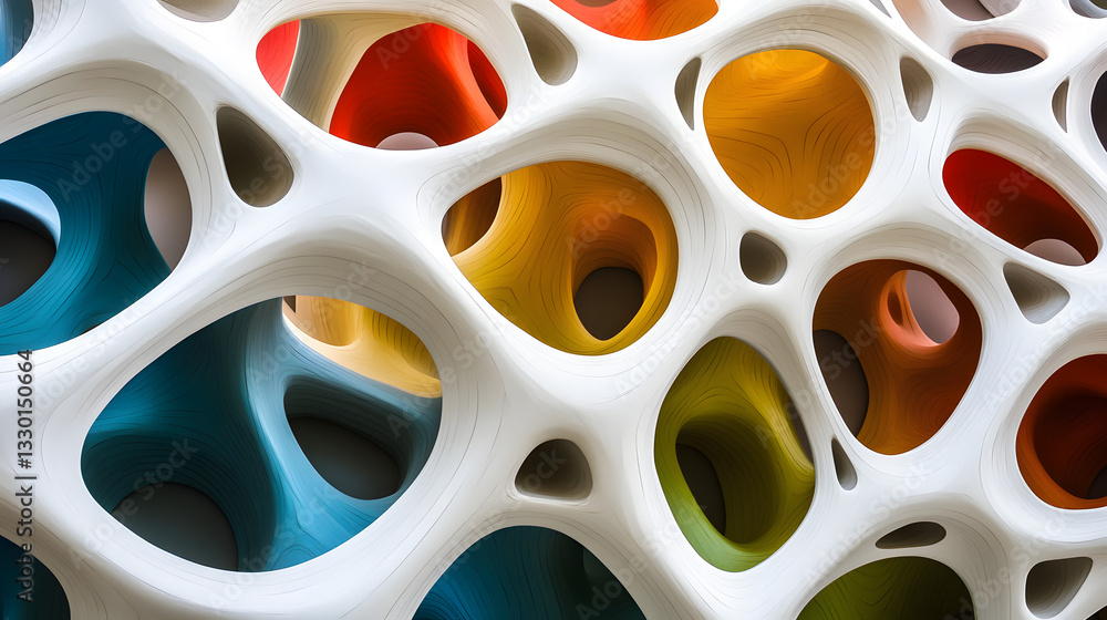 Poster wall of colorful shapes creating an intriguing visual display in a unique topological space represen