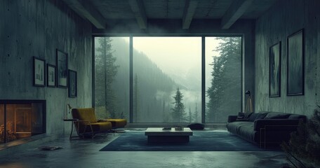 Modern interior design with concrete walls, large windows overlooking the misty forest outside, and modern furniture such as sofa chairs
