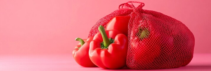 Red bell peppers in a red mesh bag on a pink background.
