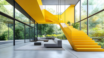 Modern Yellow Staircase in Glass House with Gray Sofa