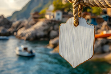 Blank Wooden Sign by Seaside Village, Boats Sail Gently in Calm Waters