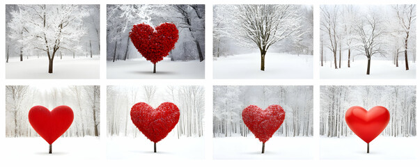 Winter Wonderland Hearts, Red Love in Snowy Forest, a Romantic Scene of Heartshaped Trees in a Frosty Landscape,  Captivating Winter Romance.