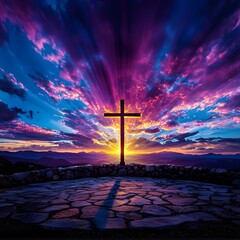 Majestic cross standing proudly in the center of a mountain landscape representing a significant christian symbol