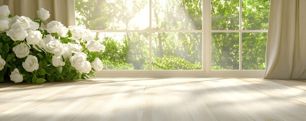 Sunlight Illuminates White Roses on Wooden Floor, near Window with Lush Greenery View, Serene and Peaceful Atmosphere.