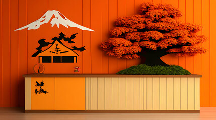 Serene Orange Room with Japanese-Inspired Decor, Autumnal Bonsai Tree and Mountain Scenery Enhance Tranquil Atmosphere.