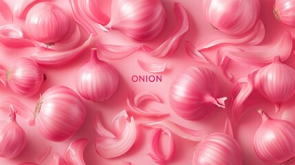 Obraz premium Pink onions arranged on a pink background. A vibrant, colorful food image.