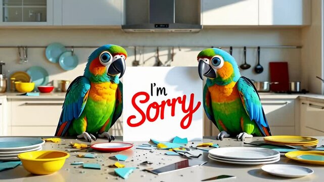 cute guilty cartoon parrot in the kitchen among broken dishes with a sign saying i'm sorry