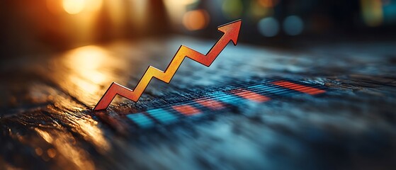 Graphical Growth Arrow Symbolizing Progress, Showing Upward Trend on Textured Background with Artistic Lighting and Visual Representation.