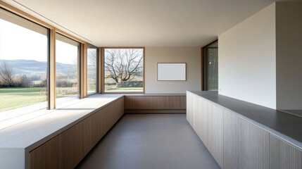 Fototapeta premium Modern minimalist house interior, panoramic window, countryside view, design showcase