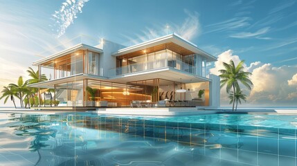 Fototapeta premium Luxurious modern house with a sparkling pool overlooking the beachfront for a dream coastal living experience