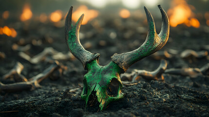 Deer skull, painted green, fiery background