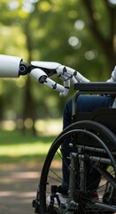 A robotic hand reaches out to touch a wheelchair user's hand surrounded by trees