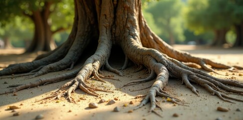 Twisted ancient olive tree roots on sandy ground, tree roots, forest floor, sand