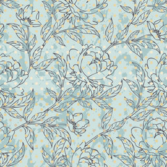 Fototapeta premium Vintage peonies and leaves pattern on polka dot background. Blue background. Vector, illustration.