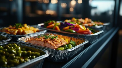 Obraz premium Homemade meal prep in disposable aluminum trays, stored in a refrigerator with soft lighting, ensuring freshness and easy reheating