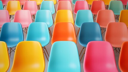 Naklejka premium Colorful plastic cups arranged neatly, vibrant hues of blue, orange, yellow, suitable for parties or events, ample space for text
