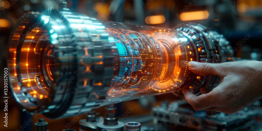 Poster a futuristic mechanical device with a glowing holographic core held by a hand. the high-tech compone