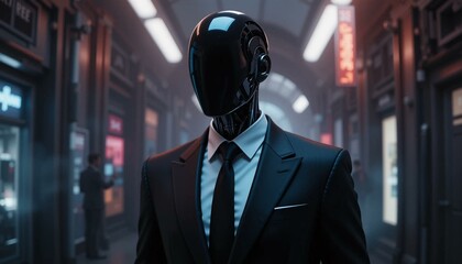 Cyborg AI agent wearing a suit and tie