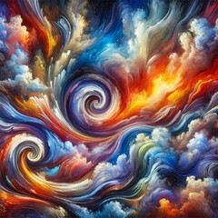 A vast, captivating abstract artwork that embodies ideas and emotions. Swirling, fluid shapes merge with bold and vivid colors, including deep blues