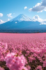 Snow capped mountain landscape. Pink blossoms fill foreground under blue sky. White clouds dot sky. Distant mountain behind field. Bright sunny day.