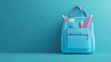 3d render of a blue backpack filled with school supplies including notebooks, pencils, and a tablet for online learning and back-to-school education concept on a blue gradient background