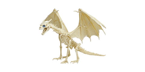 Dragon Skeleton Model With Wings. Fantasy Creature Anatomy For Halloween Decor Isolated On Transparent Background