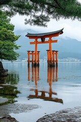 Naklejka premium Orange gate stands in water. Reflection visible. Trees frame the gate. Mountains in the background on a cloudy day. Peaceful scene. Clear water.