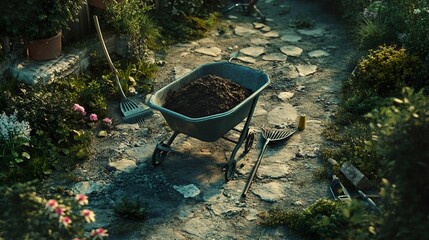 Wheelbarrow Loaded with Freshly Dug Soil in Garden Setting