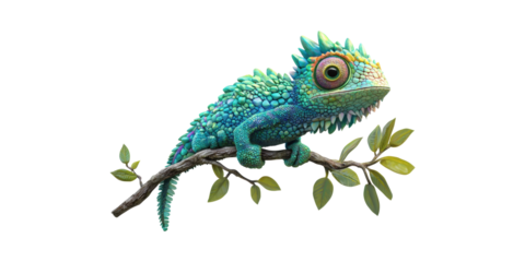 Colorful Chameleon Branch. Vibrant Reptile Displaying Camouflage And Adaptation Isolated On Transparent Background