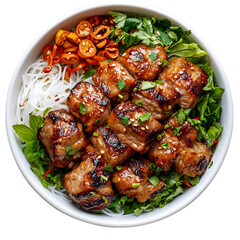 A Bowl of Vietnamese Bun Cha Grilled Pork with Chicken and Vegetables Isolated on Transparent Background