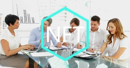 Business team discussing strategy with NFT text animation over meeting scene - Powered by Adobe