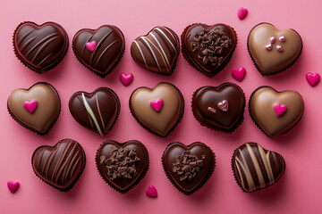 A bunch of chocolate hearts on a soft pink background under even studio lighting.