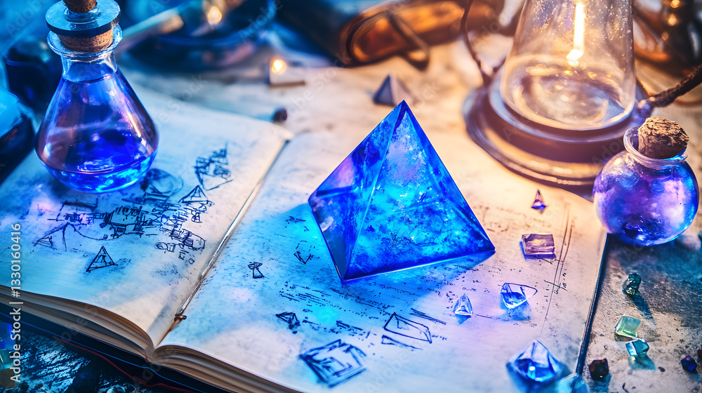 Poster book resting on a surface with a blue glass pyramid object adding a touch of modern design and artis
