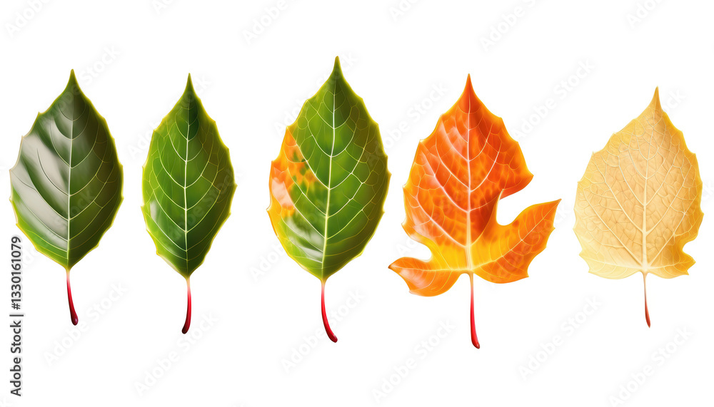 Poster autumn leaves in different colors arranged in a row