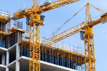 Large hospital under construction with towering cranes, steel framework, and workers on-site, symbolizing modern urban development