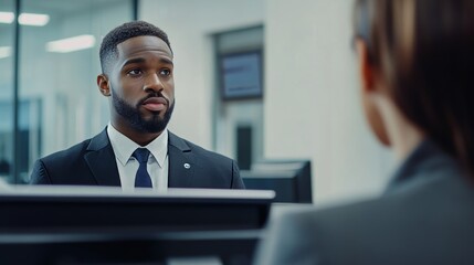 Professional Bank Officer Assists Customer at Modern Banking Counter