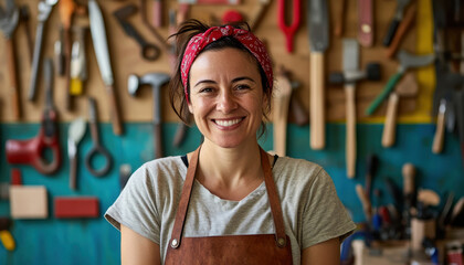 Brown-haired woman with a bandana tied looks cheerful in a workshop, standing in front of various tools on the wall, showcasing her craftsmanship