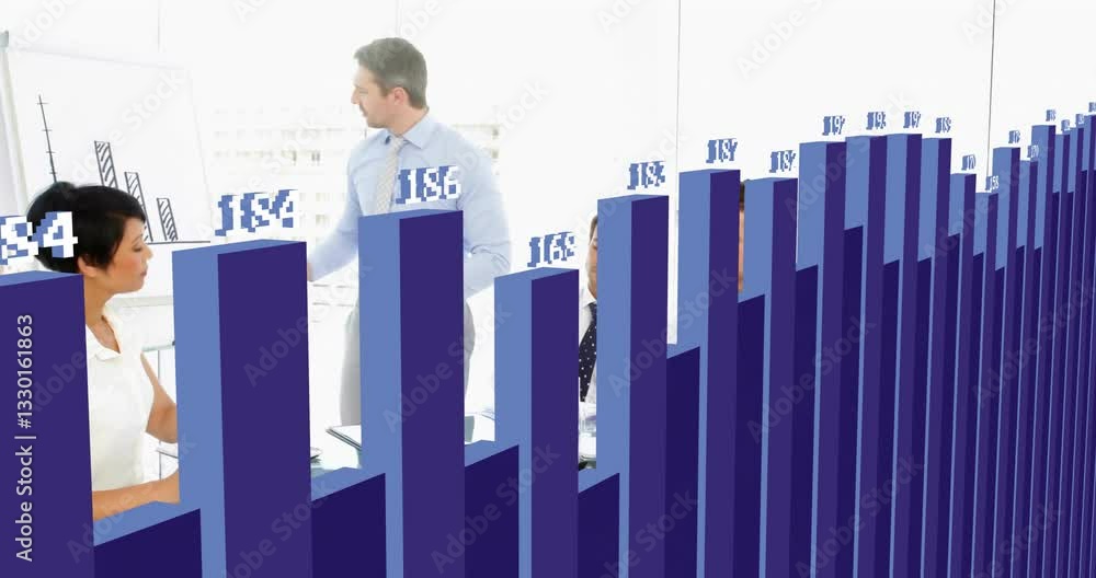 Poster analyzing data, business team in office with animation of blue bar graph