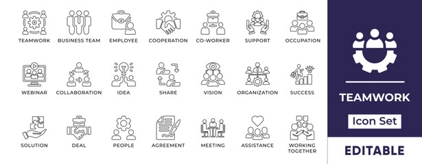 Teamwork Line Icon Set. Features editable icons for teamwork symbols, collaboration, cooperation, business team, employee, co-worker, and working together. Perfect for businesses, and teams.