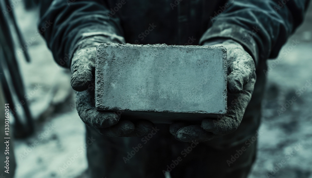 Poster a worker holds an empty concrete block with both hands, showcasing manual labor in construction at a