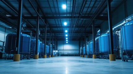 Fototapeta premium Industrial Warehouse Interior with Blue Storage Tanks and Lights