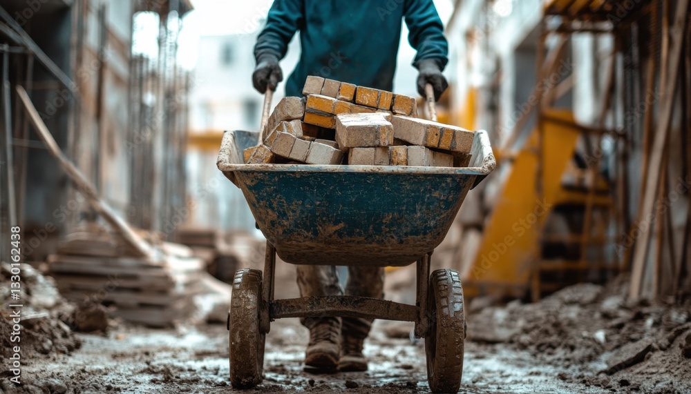Poster laborer moves a wheelbarrow filled with bricks through a busy construction site, showcasing hard wor